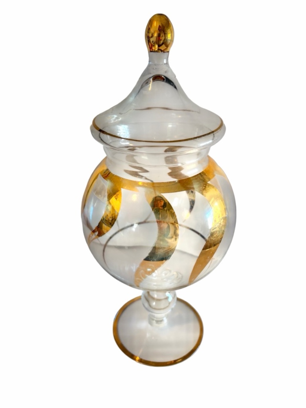 Vintage Clear Glass Pedestal 11” Apothecary Jar with Gold Accents Lid